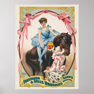 Clown überreicht einer Frau auf einem Pferd Blumen Poster