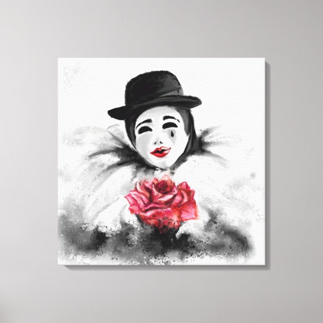 Clown und Rose - Romantische Schwarz-weiße Malerei Leinwanddruck (Vorderseite)