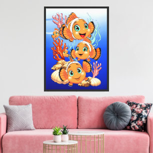 Clownfisch Cartoon süß Familie Unterwasser Leinwanddruck