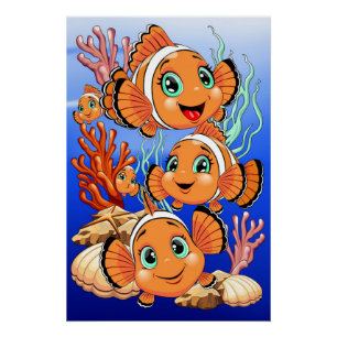 Clownfisch Cartoon süß Familie Unterwasser Poster