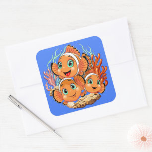 Clownfisch Cartoon süß Familie Unterwasser Quadratischer Aufkleber