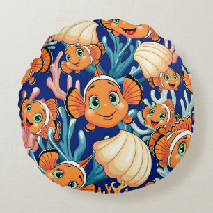 Clownfisch Cartoon süß Familie Unterwasser Rundes Kissen
