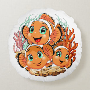 Clownfisch Cartoon süß Familie Unterwasser Rundes Kissen