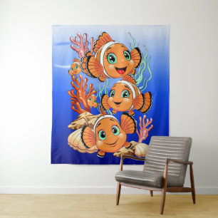 Clownfisch Cartoon süß Familie Unterwasser Wandteppich