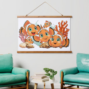 Clownfisch Cartoon süß Familie Unterwasser Wandteppich Mit Holzrahmen