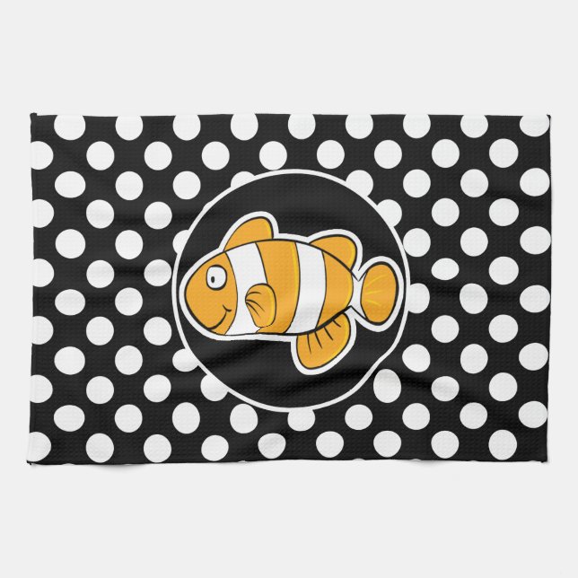 Clownfische auf schwarzen und weißen Polka-Punkten Geschirrtuch (Horizontal)