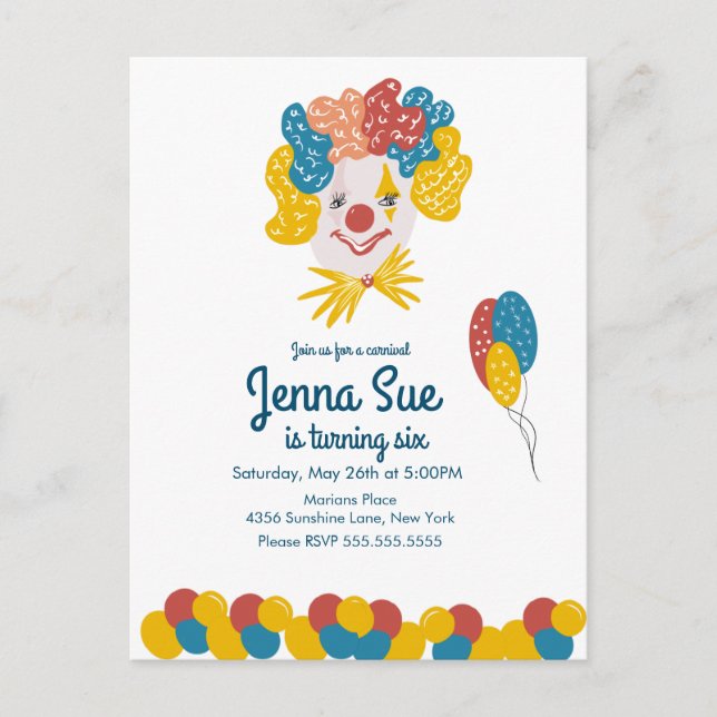 Clownhandgezeichneter Karneval Geburtstag farbenfr Postkarte (Vorderseite)