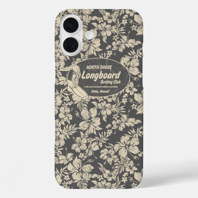 Club Surfbrett Hibiskus Hawaiian Gray iPhone 16 Plus Hülle (Rückseite)