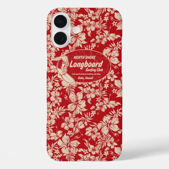 Club Surfbrett Hibiskus Hawaiian Red iPhone 16 Plus Hülle (Rückseite)