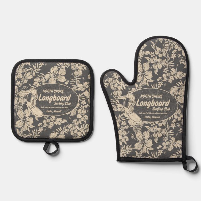 Clubsurfing Longboard Logo Hibiskus Hawaiian Gray Ofenhandschuh & Topflappen-Set (Vorderseite)