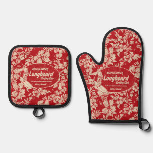 Clubsurfing Longboard Logo Hibiskus Hawaiian Red Ofenhandschuh & Topflappen-Set