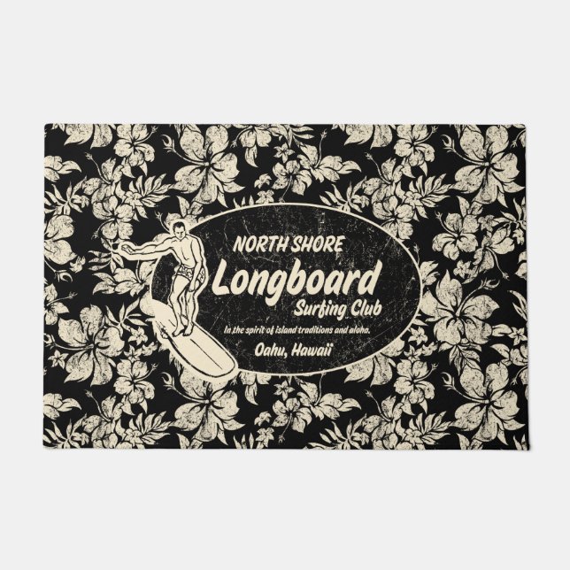 Clubsurfing Longboard-Logo und Hibiskus Black Fußmatte (Vorderseite)