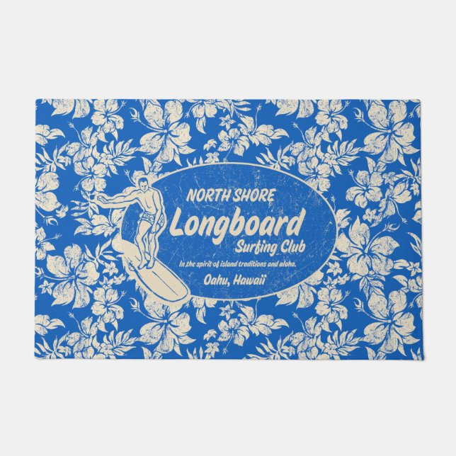 Clubsurfing Longboard Logo und Hibiskus Blau Fußmatte (Vorderseite)