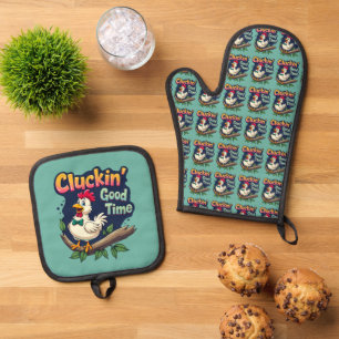 Cluckin' Good Time Funny Chicken Illustration Ofenhandschuh & Topflappen-Set