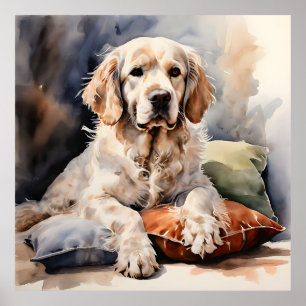 Clumber Spaniel Lounges auf Kissen Ink Portrait Poster