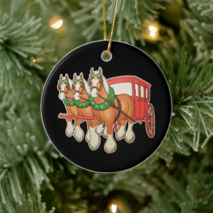 Clydesdale-Pferde Wagen Kranz Weihnachten Xmas Keramik Ornament