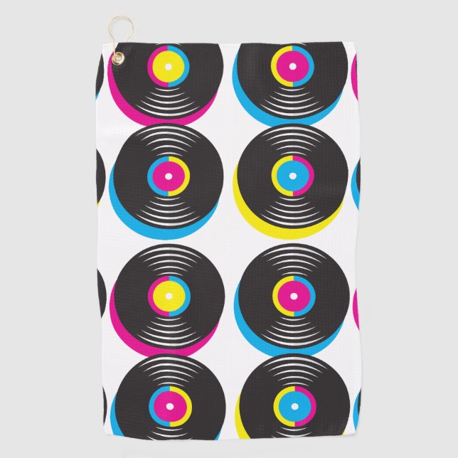CMYK Pop Art Vinyl Platten 80er Stil helle Farben Golfhandtuch (Vorderseite)