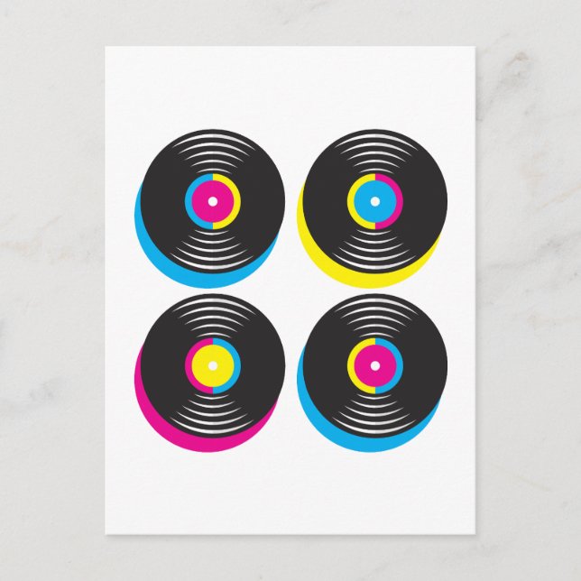 CMYK Pop Art Vinyl Platten 80er Stil helle Farben Postkarte (Vorderseite)