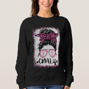 Cna Life Messy Bun Pink Leopard Bleached Nurse's D Sweatshirt