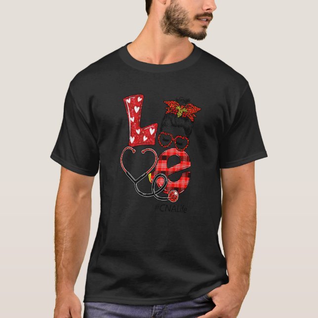 Cna Nurse Kariert Red Leopard Liebe Heart Messy Bu T-Shirt (Vorderseite)