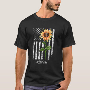 CNA Nurse Life Sunflower Peace USA Flag America T-Shirt
