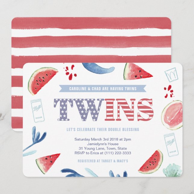 Co-ed Baby Dusche für Twins, 4. Juli Babydusche Einladung (Vorne/Hinten)