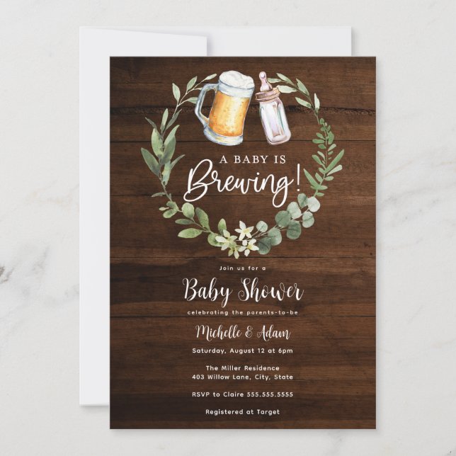 Co-ed Baby Shower Baby ist Brewing Einladung (Vorderseite)