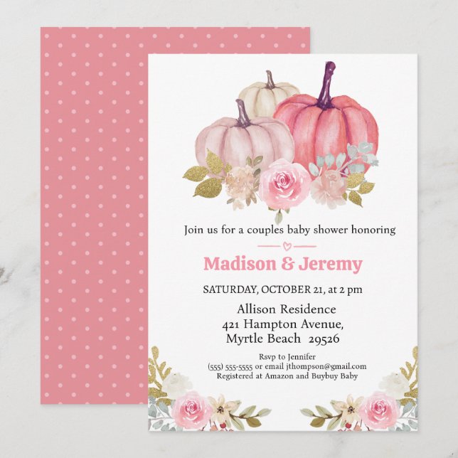 Co Ed Citrouille Rose Girls Baby shower Invitation (Devant / Derrière)