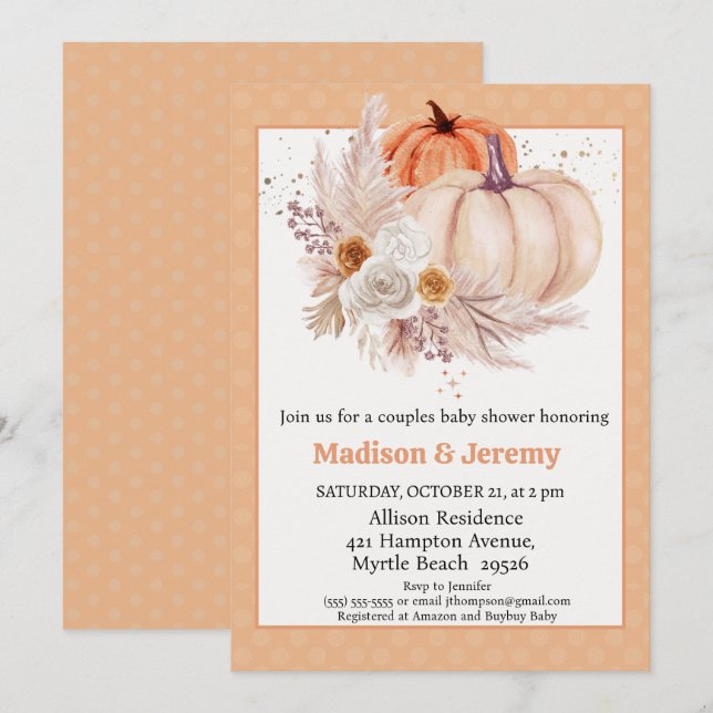 Co Ed Pumpkins Boho Gender Neutral Baby Dusche Einladung (Vorne/Hinten)