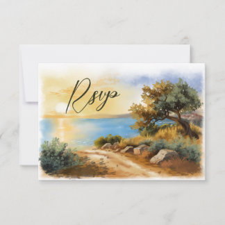 Coast Watercolor Sunset Mediterranean QR code RSVP Karte