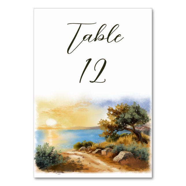Coast Watercolor Sunset Mediterranean Wedding Tischnummer (Vorderseite)