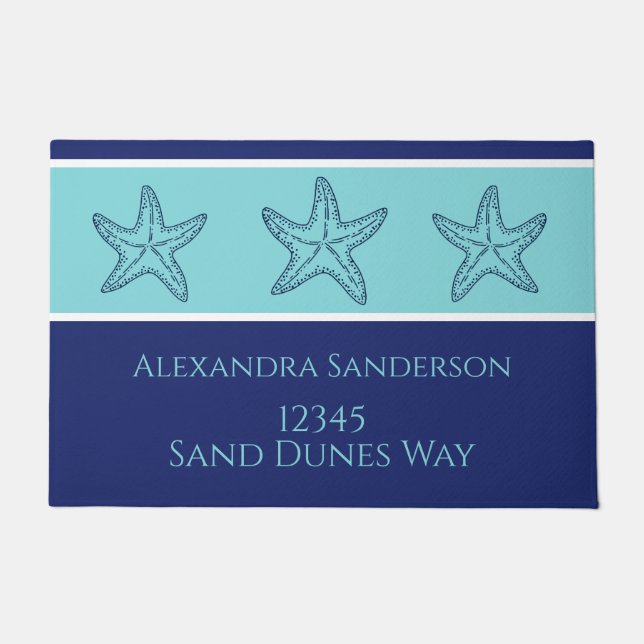 Coasta Modern Navy Aquamarin Monogram Starfish D Fußmatte (Vorderseite)