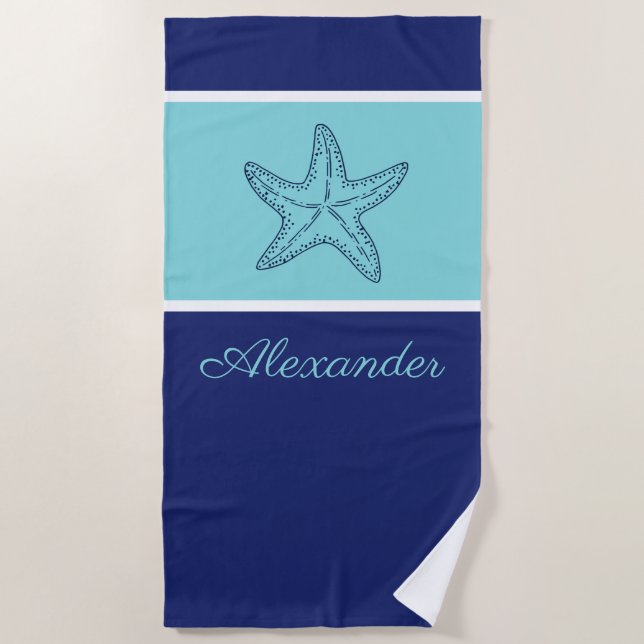 Coasta Moderner Navy Aquamariner Monogram Starfish Strandtuch (Vorderseite)