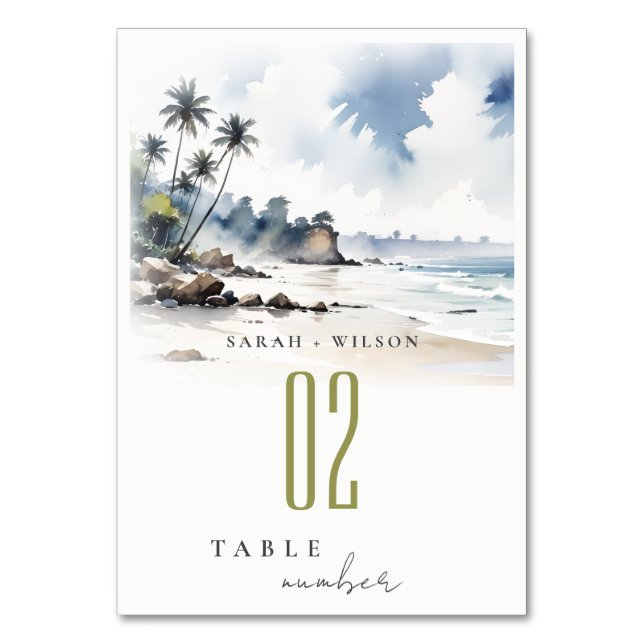 Coastal Bali Beach Palm Tree Hochzeit Wasserfarbe Tischnummer (Vorderseite)