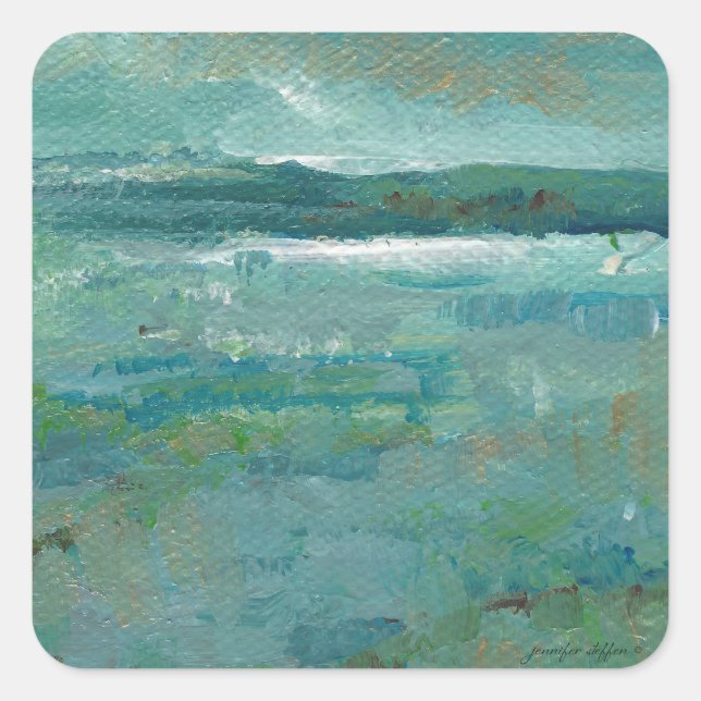 Coastal Beach Abstrakt Ocean Malerei Quadratischer Aufkleber (Vorderseite)