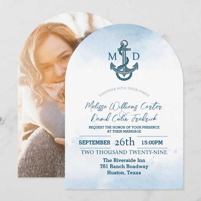 Coastal Beach Blue Anchor Nautical Foto Hochzeit Einladung (Vorne/Hinten)