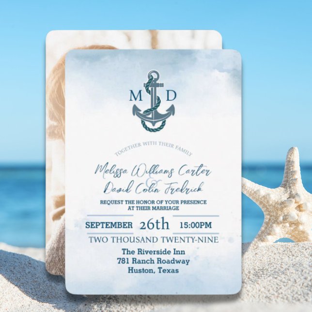 Coastal Beach Blue Anchor Nautical Foto Hochzeit Einladung (Coastal Beach Blue Anchor Nautical Photo Wedding Invitation)