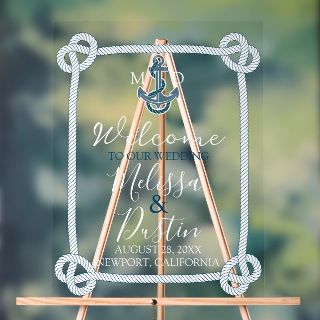 Coastal Beach Blue Anchor Nautical Wedding Willkom Acrylschild (Neutral)