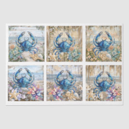 Coastal Beach Floral Blue Crab & Shells Decoupage Seidenpapier