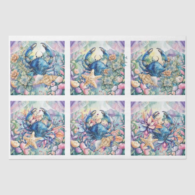 Coastal Beach Floral Blue Crab & Shells Decoupage  Seidenpapier (Vorderseite)