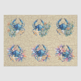 Coastal Beach Floral Blue Crab & Shells Decoupage Seidenpapier