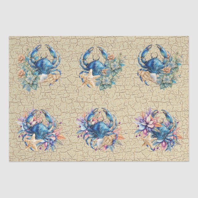 Coastal Beach Floral Blue Crab & Shells Decoupage  Seidenpapier (Vorderseite)