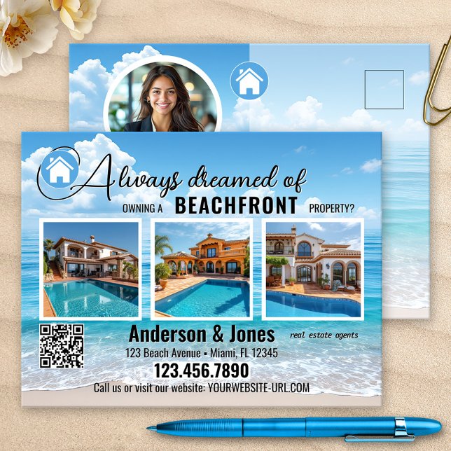 Coastal Beach Foto Real Anwesen Postkarte (Real Estate marketing postcard featuring a beach with 3 of your listings, photo, logo and QR code)