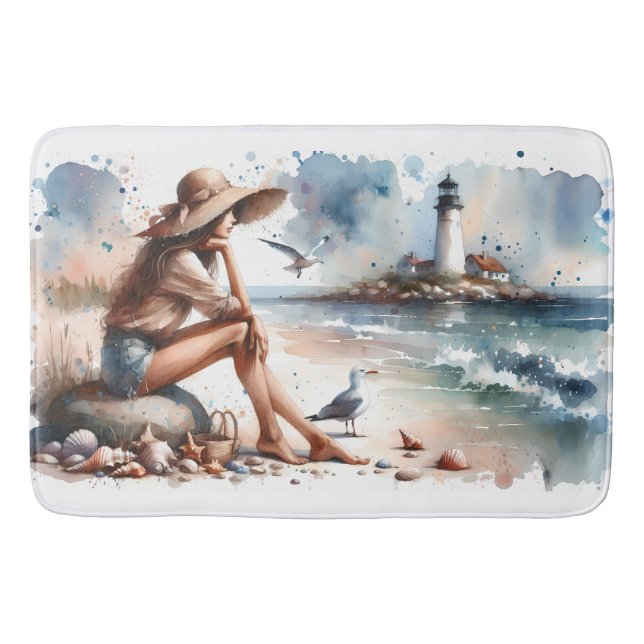 Coastal Beach Girl & Lighthouse Badematte (Vorderseite)