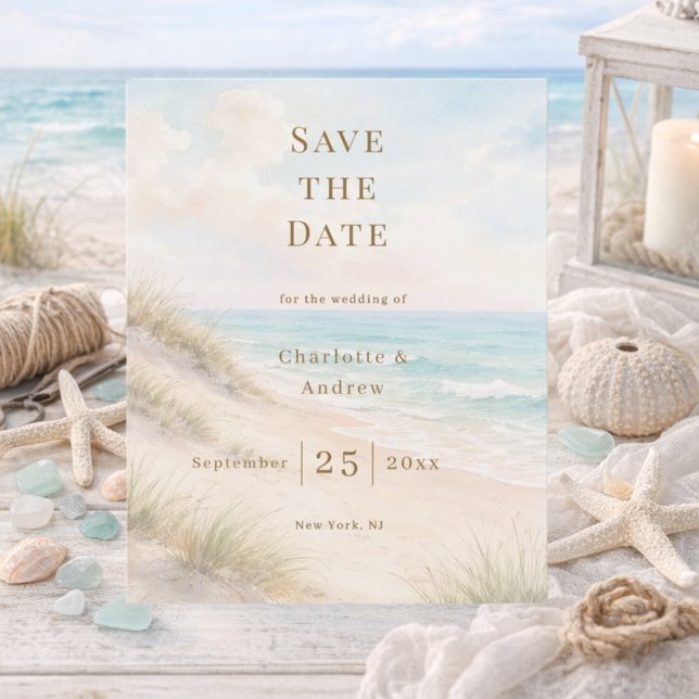 Coastal beach modern budget wedding Save the Date Flyer (Von Creator hochgeladen)