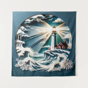 Coastal Beacon: Ein Papercut Art Lighthouse Scene Wandteppich