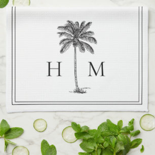 Coastal Black and White Palmetto Palm Monogram Geschirrtuch