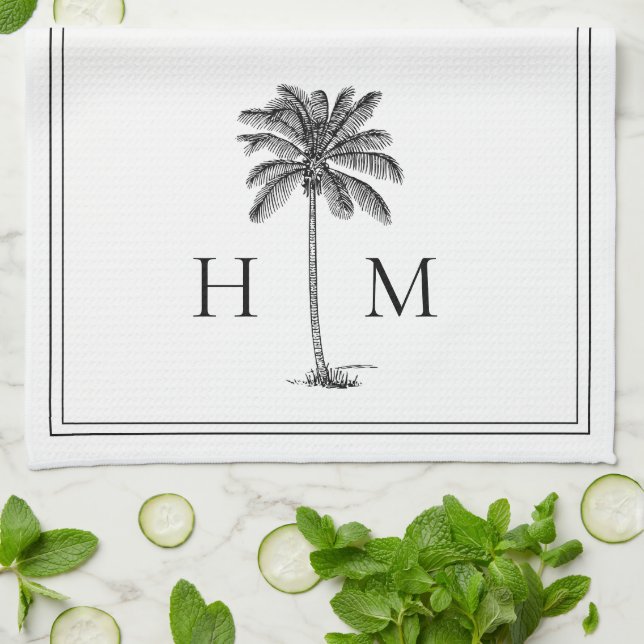 Coastal Black and White Palmetto Palm Monogram Geschirrtuch (Gefaltet)