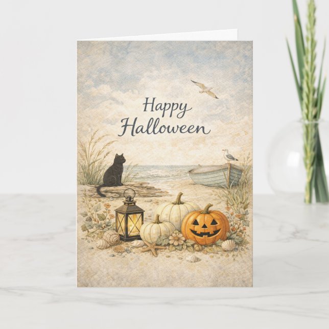 Coastal Black Cat Rowboat Halloween Karte (Vorderseite)