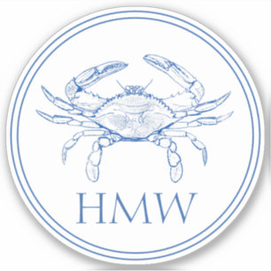 Coastal Blue and White Crab Monogram Aufkleber